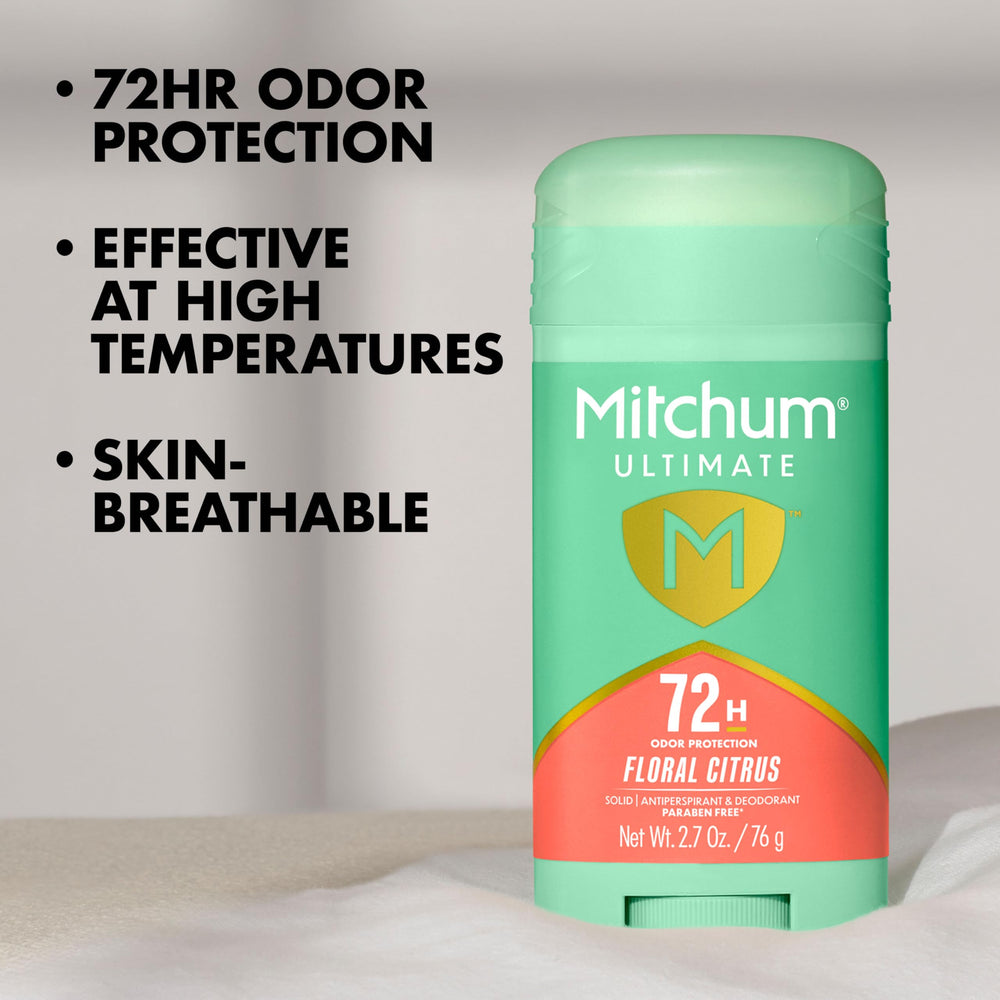 Fragancia floral cítrica de Mitchum Ultimate 72H para sensación fresca duradera.