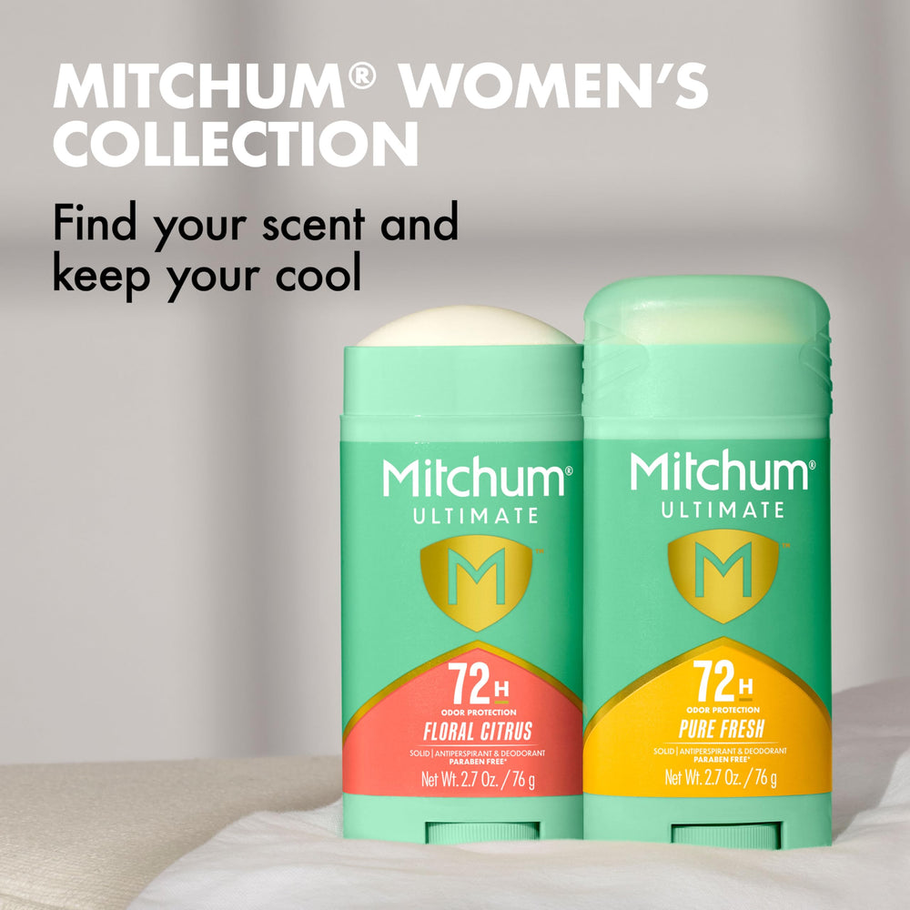 Fórmula sin parabenos de Mitchum 72H, dermatológicamente probada.