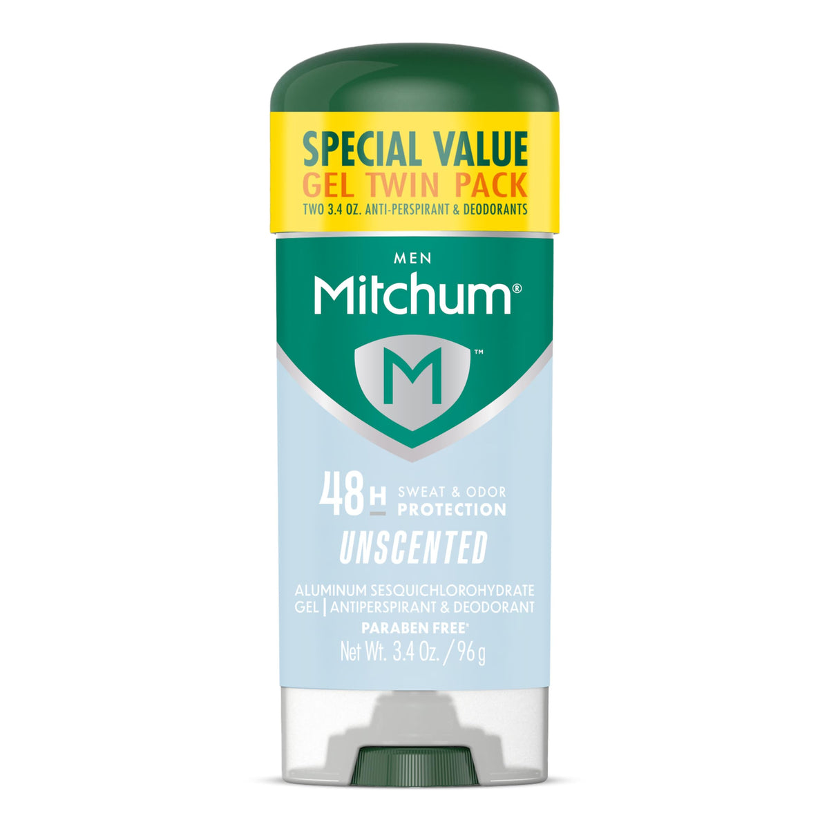Mitchum unscented triple odor protection gel in a 2-pack for all-day freshness.