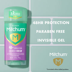 Mitchum Shower Fresh gel stick close-up, clear rapid-drying application