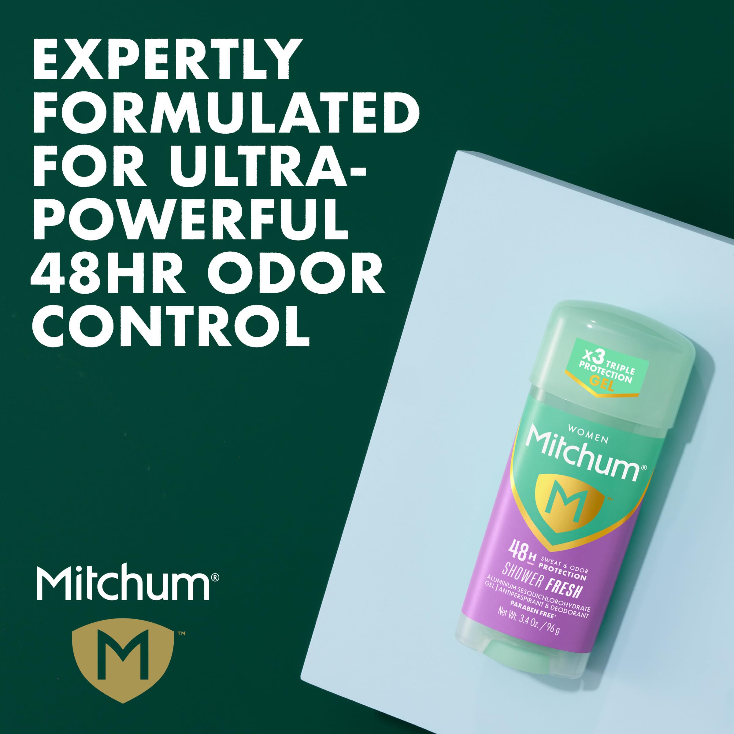 Mitchum Shower Fresh gel stick back view, dermatologist-tested for sensitive skin