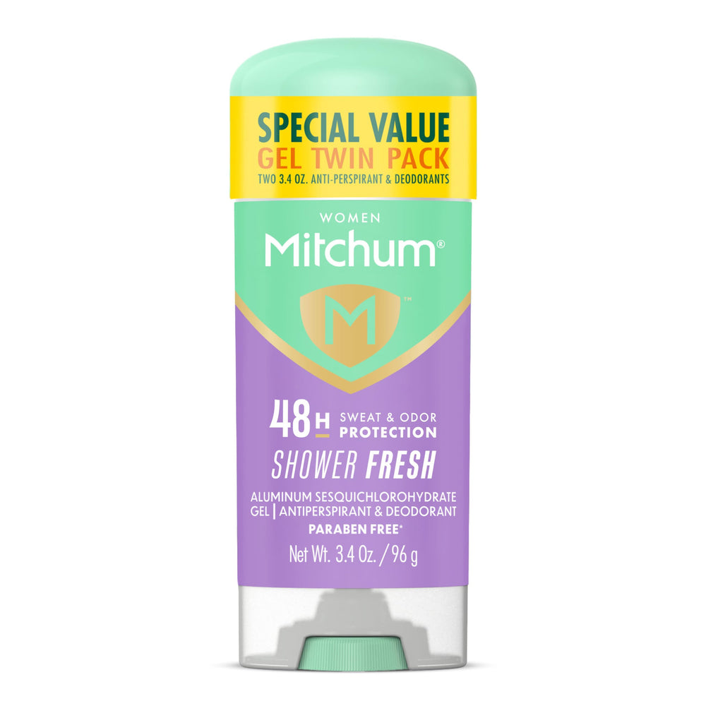 Mitchum Shower Fresh gel stick twin-pack front view for all-day freshness