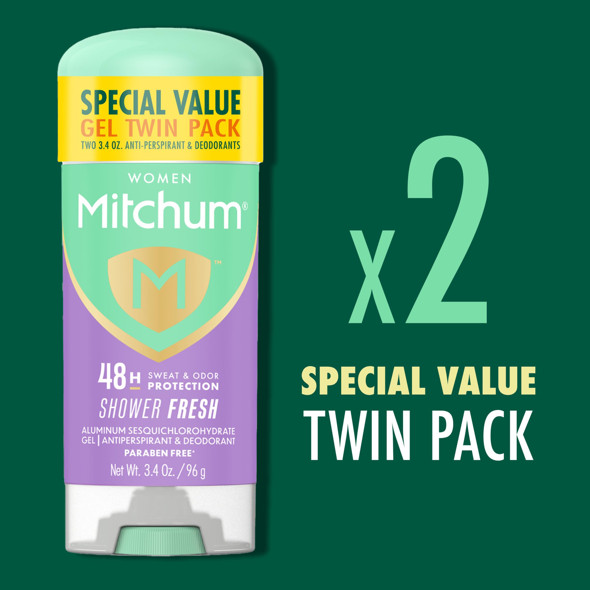 Mitchum twin-pack with Shower Fresh scent, two full-size gel sticks