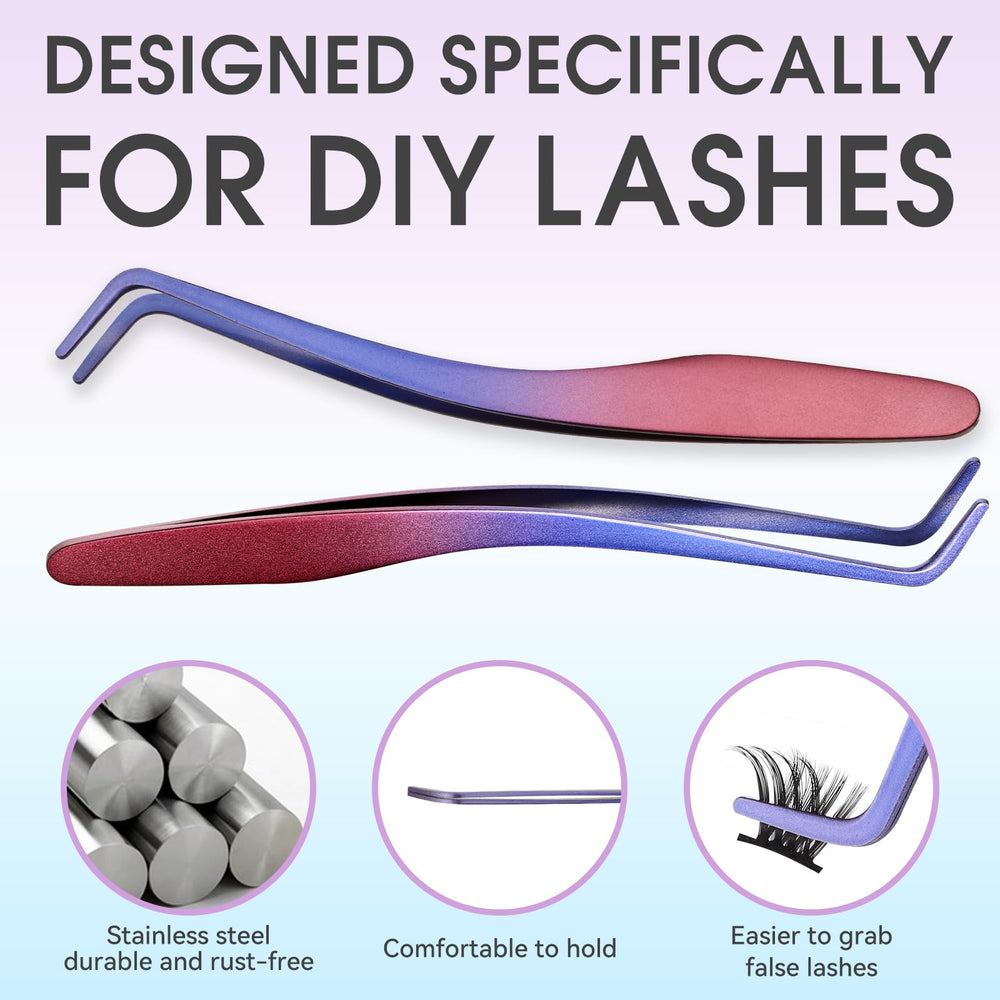 Miuffue curved lash tweezers enable precise cluster placement.