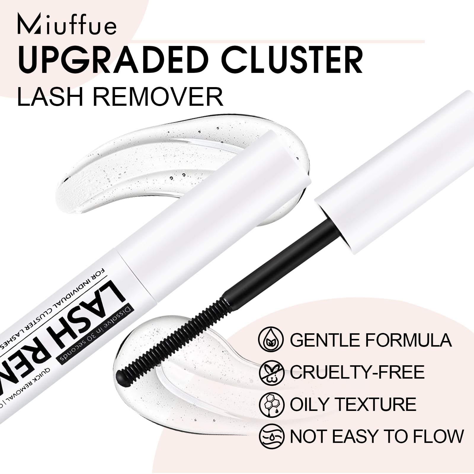 Close-up of Miuffue 5ml bottle and spiral brush