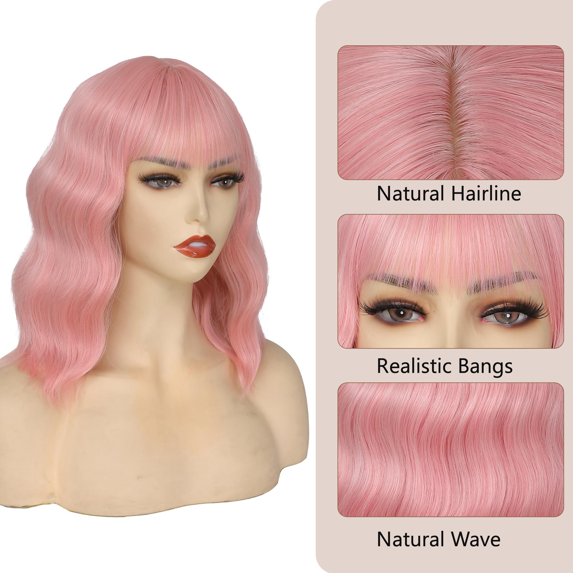 Miuric light pink wig featuring bangs for versatile styling options.