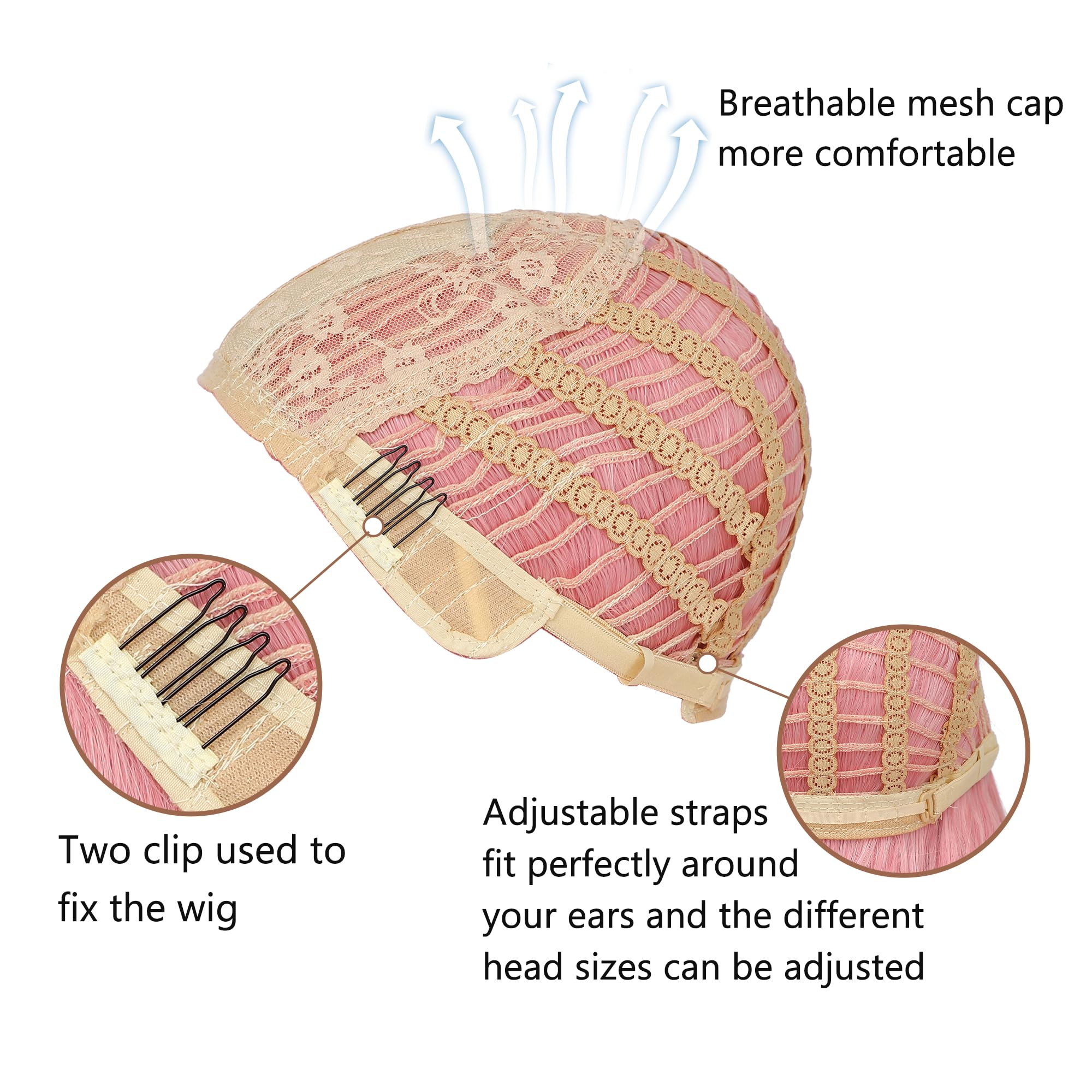 Miuric light pink wig made from heat-resistant synthetic fibers for long-lasting texture.