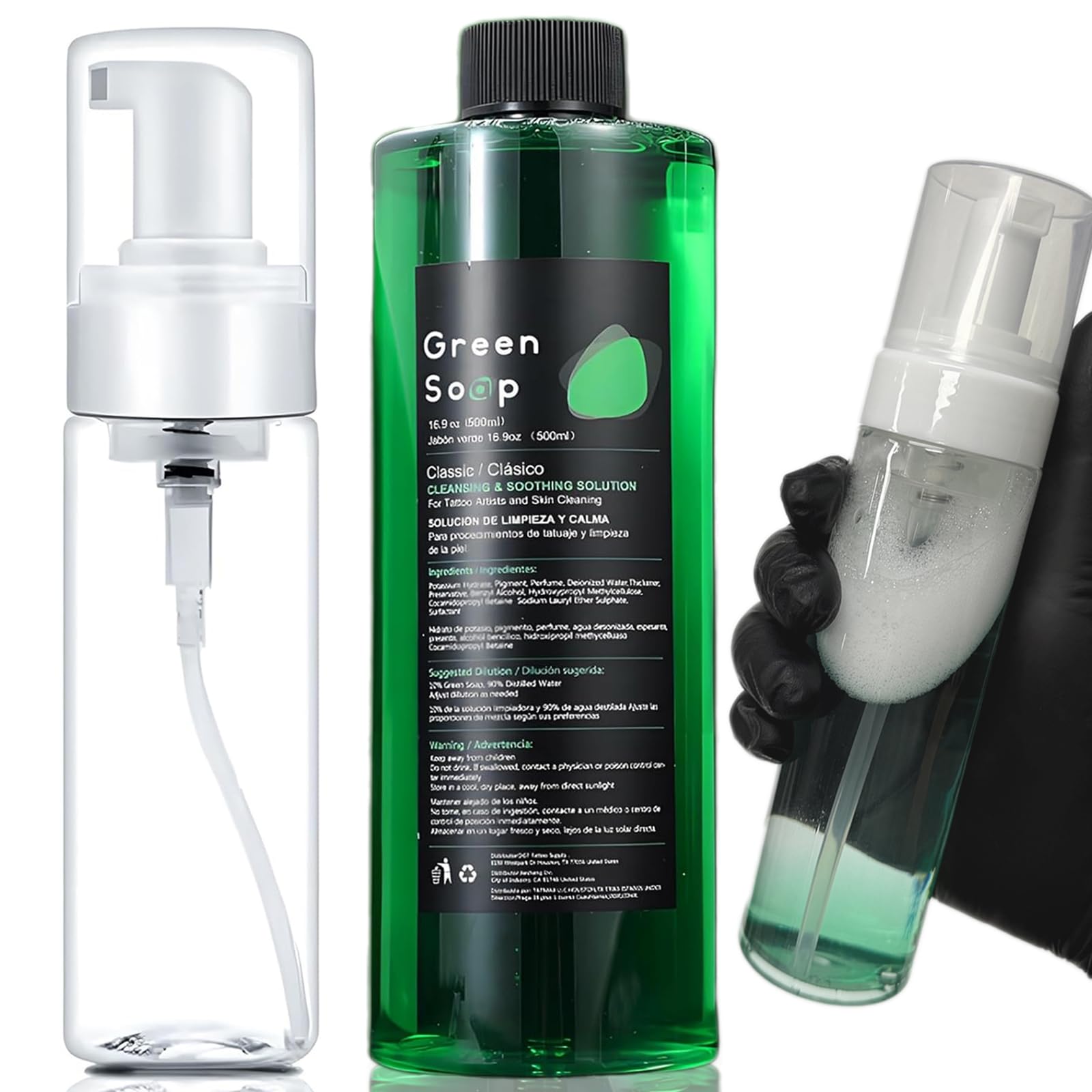 Miuxia Jabon Verde para tatuajes, botella de 500ml lista para diluir.