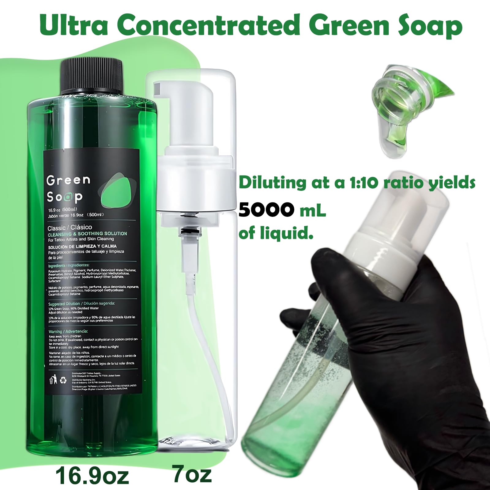 Miuxia Jabon Verde para tatuajes, dispensador de espuma de 200ml para aplicación uniforme.