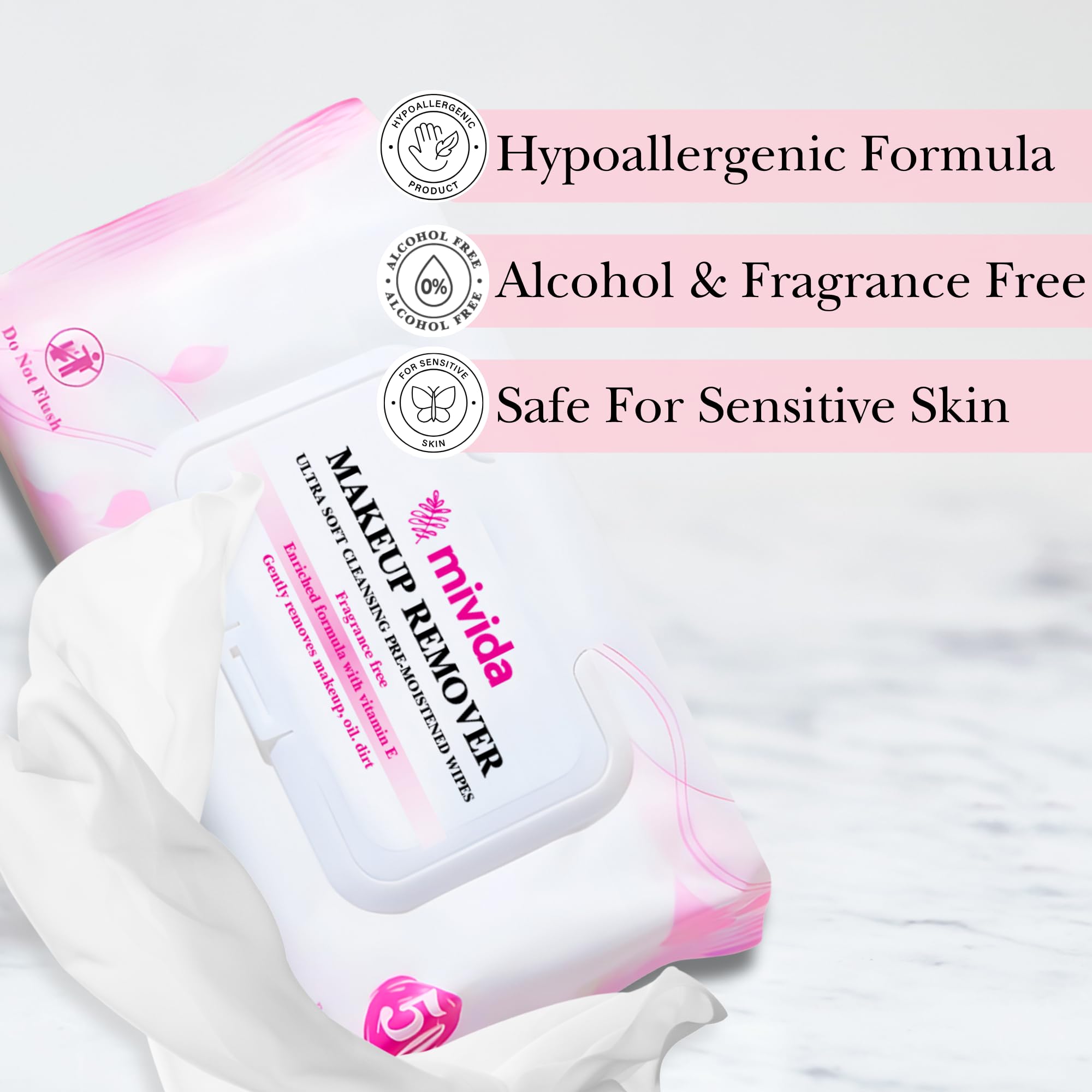 Mivida vitamina E, toallitas de textura ligera, limpian sin residuo
