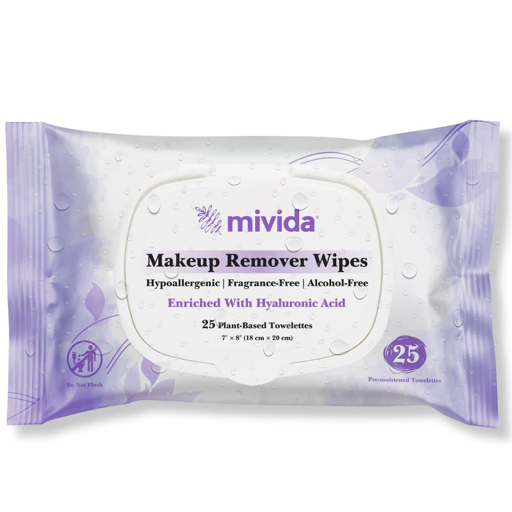 Mivida hypoallergenic makeup remover wipes bottle, 25-count, ideal for sensitive skin cleansing.
