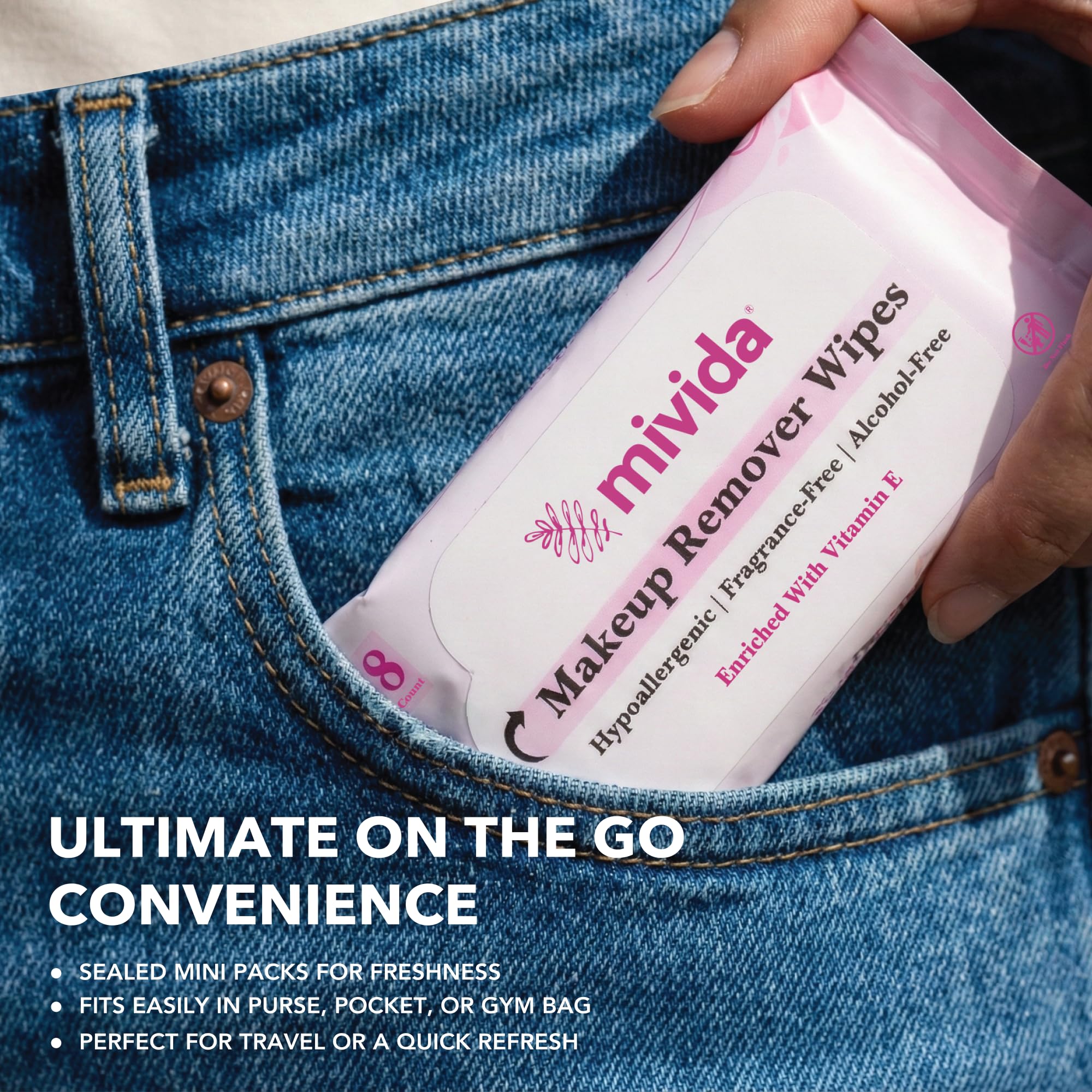 Mivida pocket-size pack held in hand for on-the-go touch-ups.