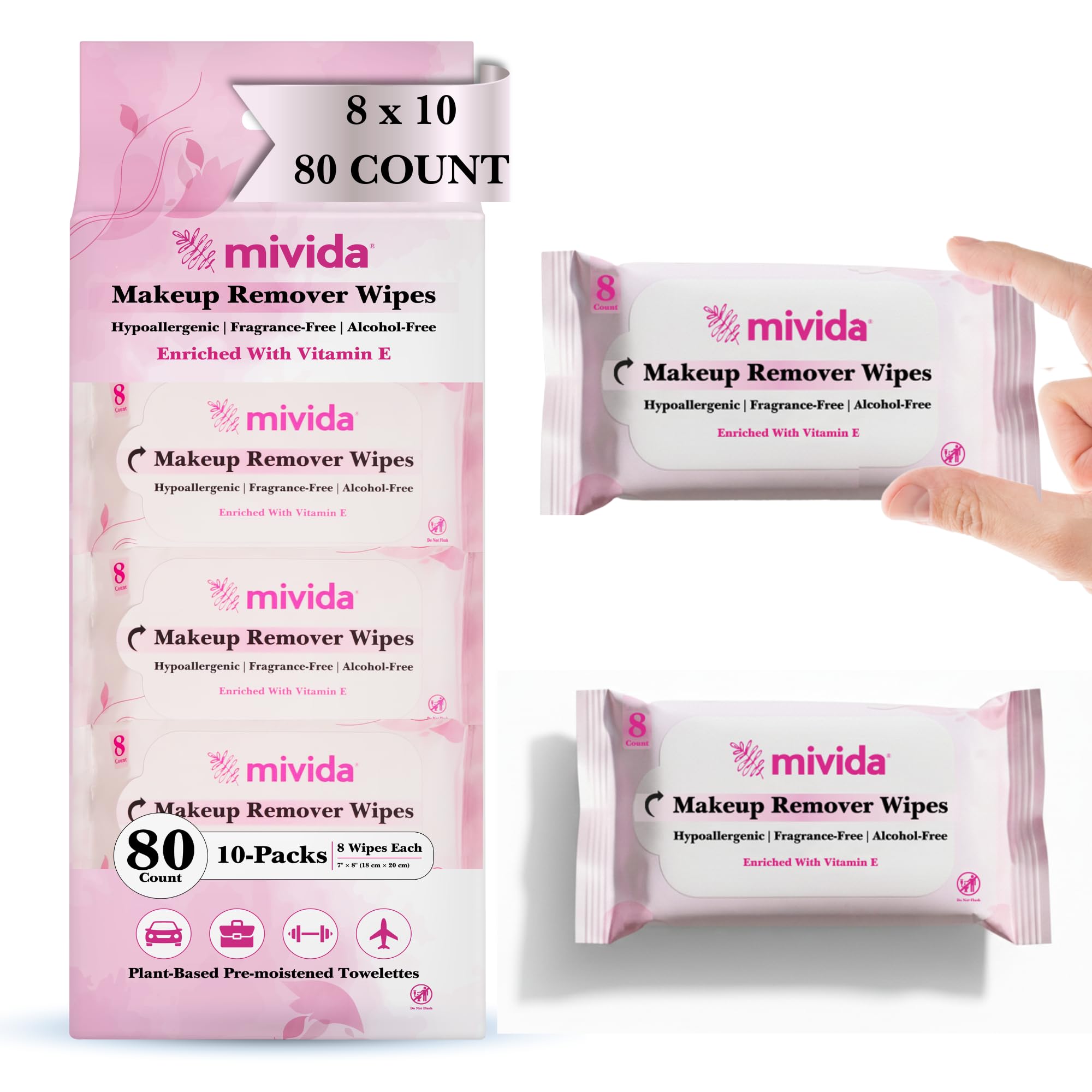Mivida hypoallergenic makeup remover wipes travel pack sealed for portability.