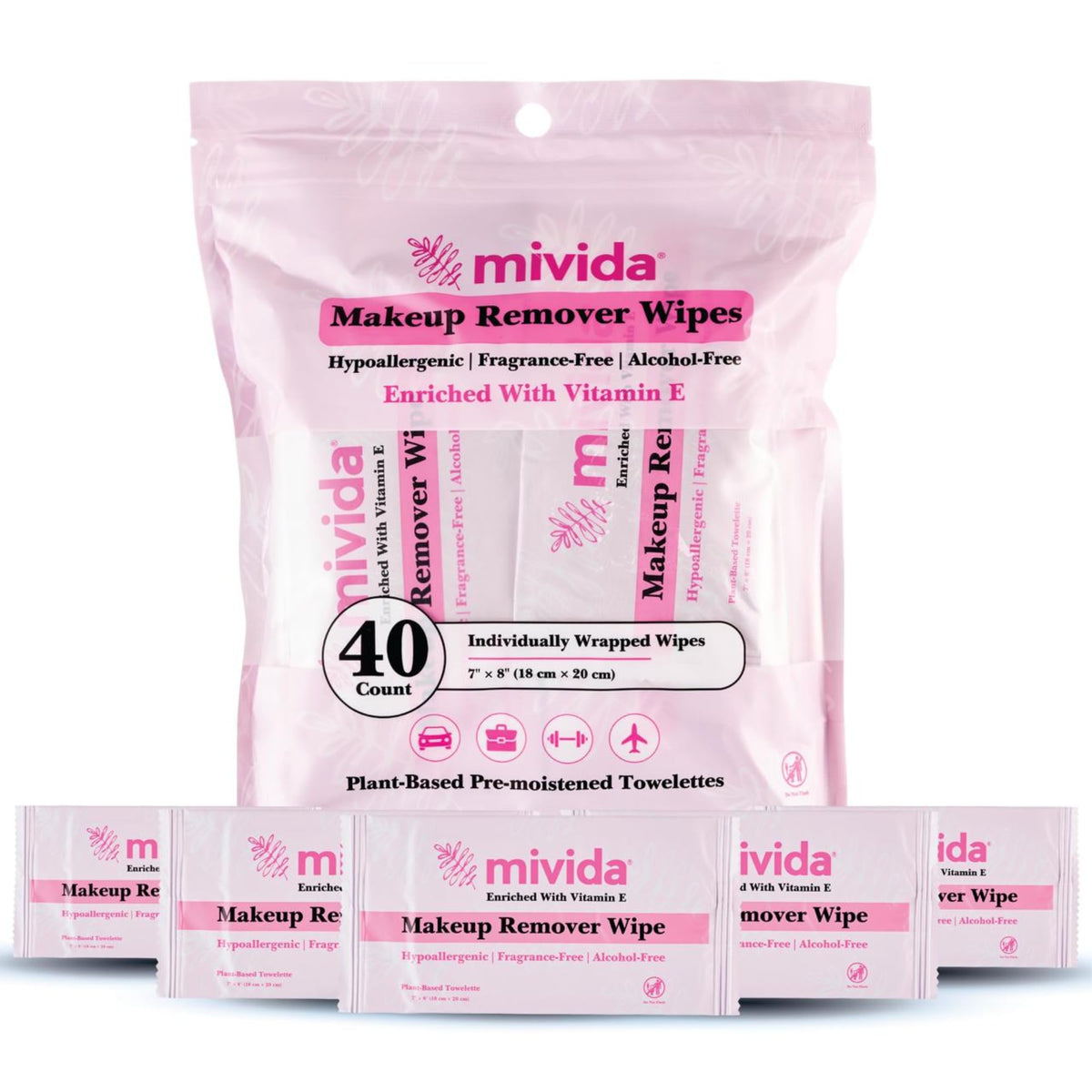 mivida hypoallergenic makeup wipes, individually wrapped, gentle cleansing for sensitive skin.