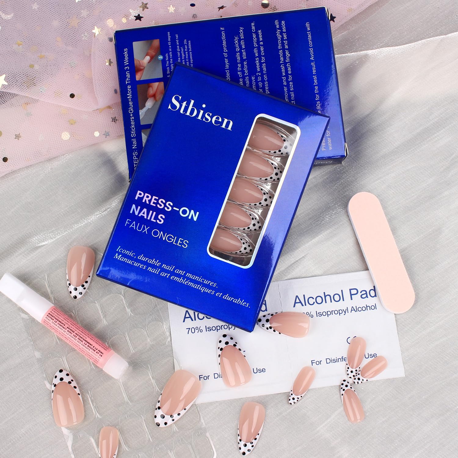 Kit de aplicación de Mivota para uñas: adhesivo, lima y palito para cutícula.