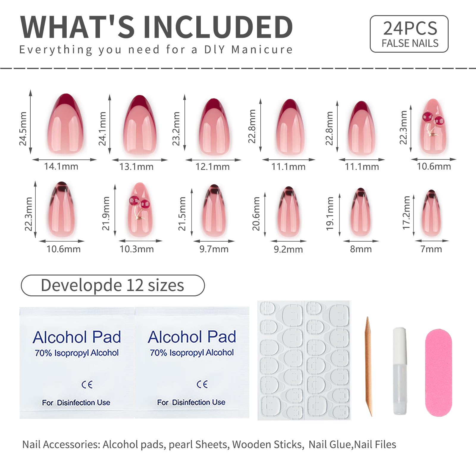Mivota 24-piece kit includes glue, tabs, file, and cuticle stick for at-home use