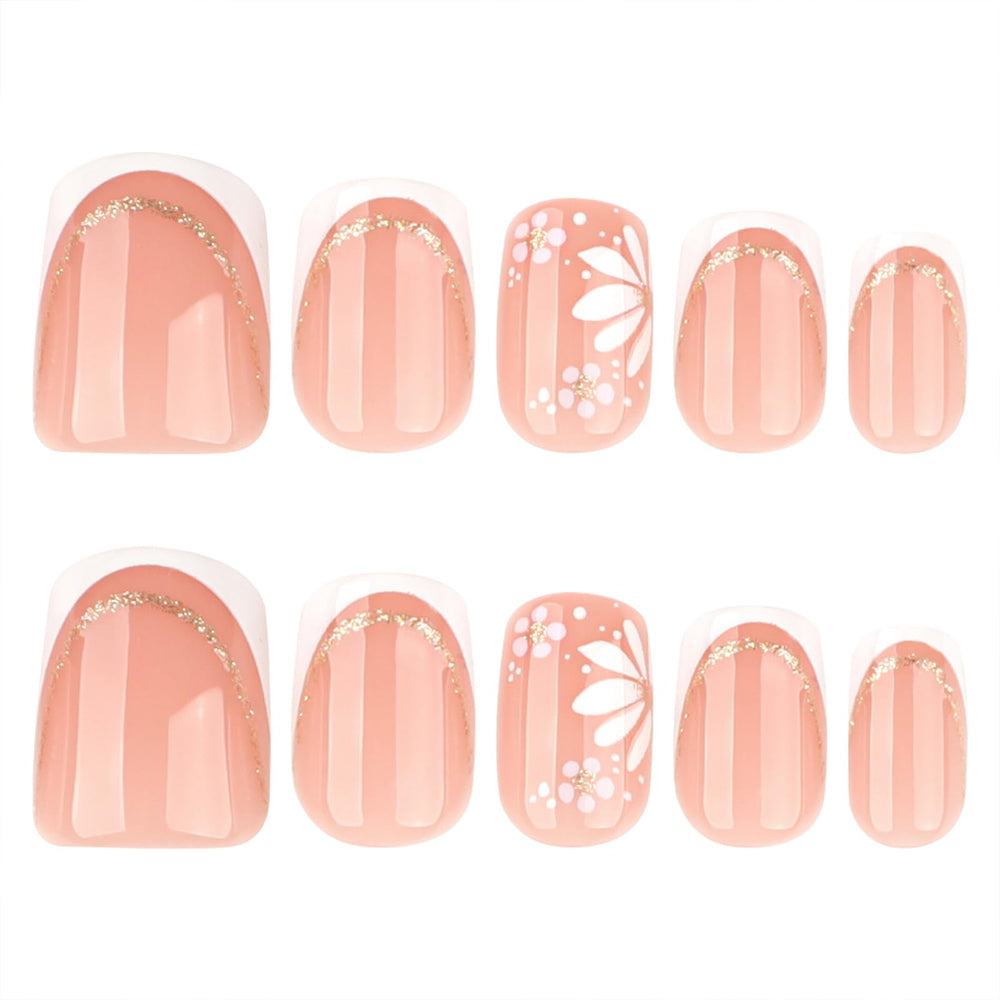 Uñas Mivota con diseño floral blanco y punta francesa, look fresco