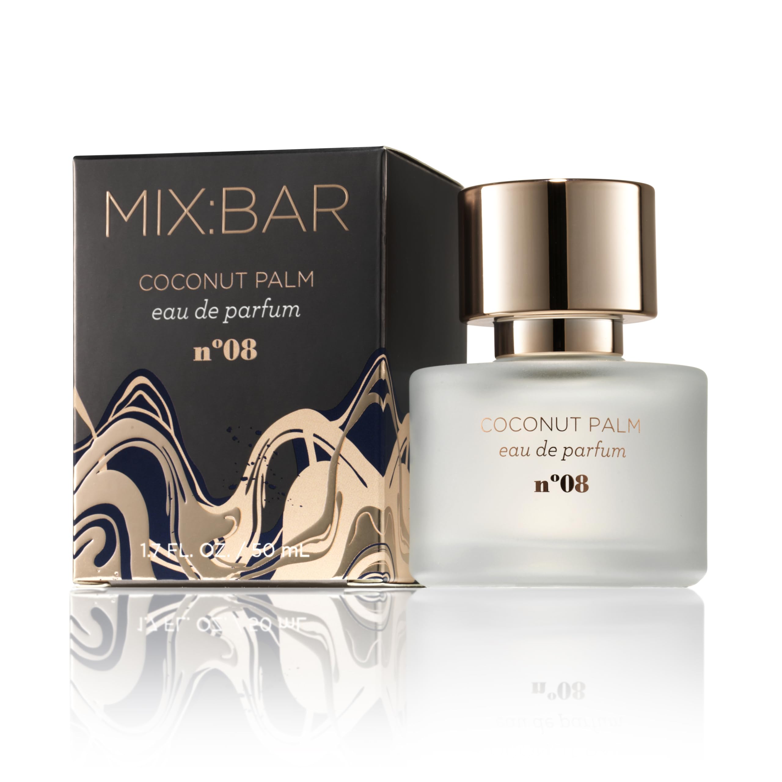 MIX:BAR Coconut Palm bottle close-up, highlighting tropical vanilla and sea salt.