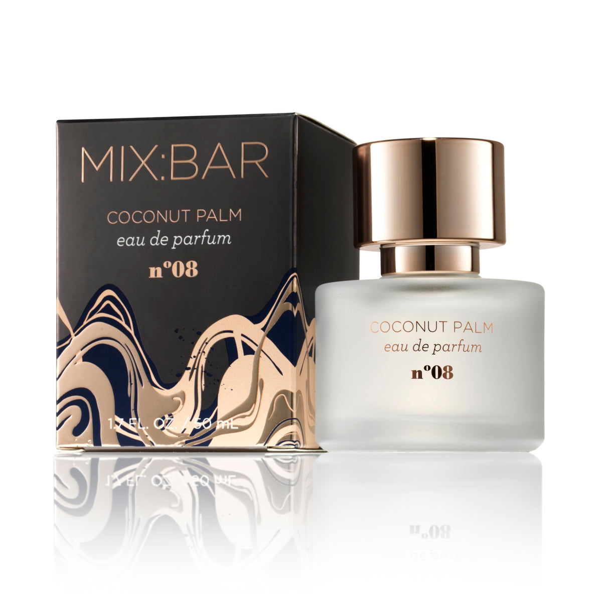 MIX:BAR Coconut Palm bottle close-up, highlighting tropical vanilla and sea salt.