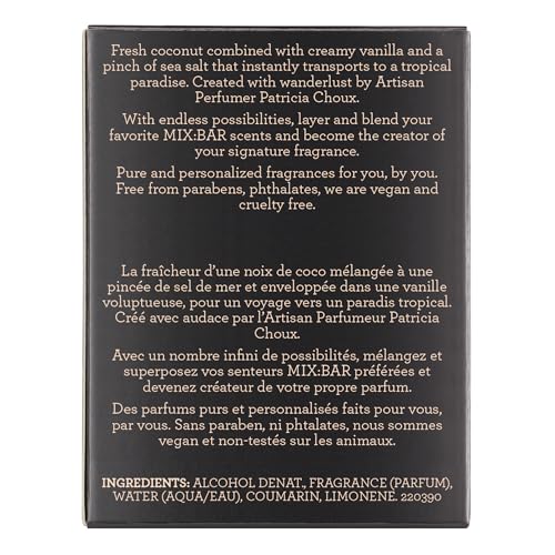 MIX:BAR Coconut Palm Hair & Body Mist bottle angle highlights airy texture and layering potential.