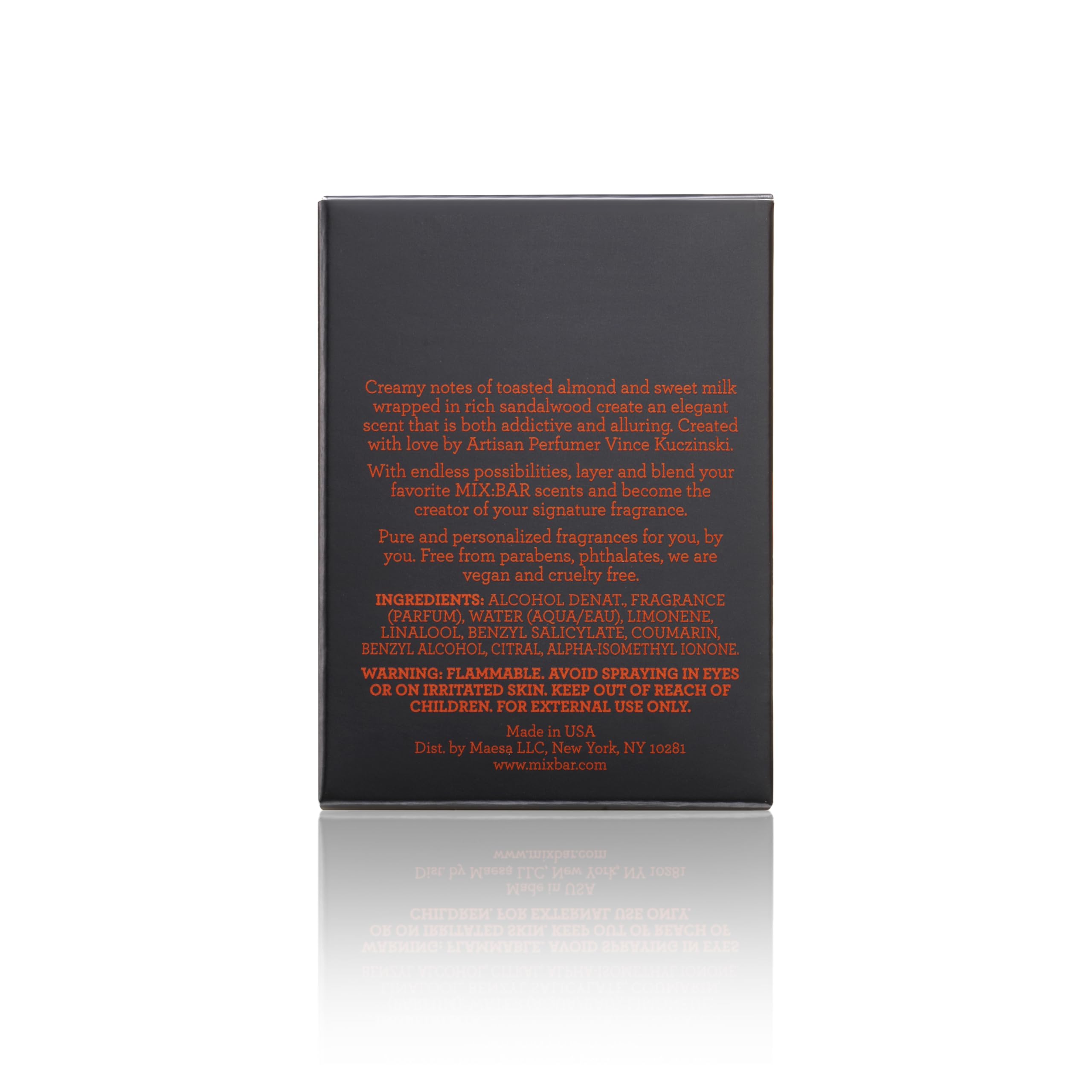 MIX:BAR Whipped Almond label closeup highlights sandalwood and milk richness for warmth.