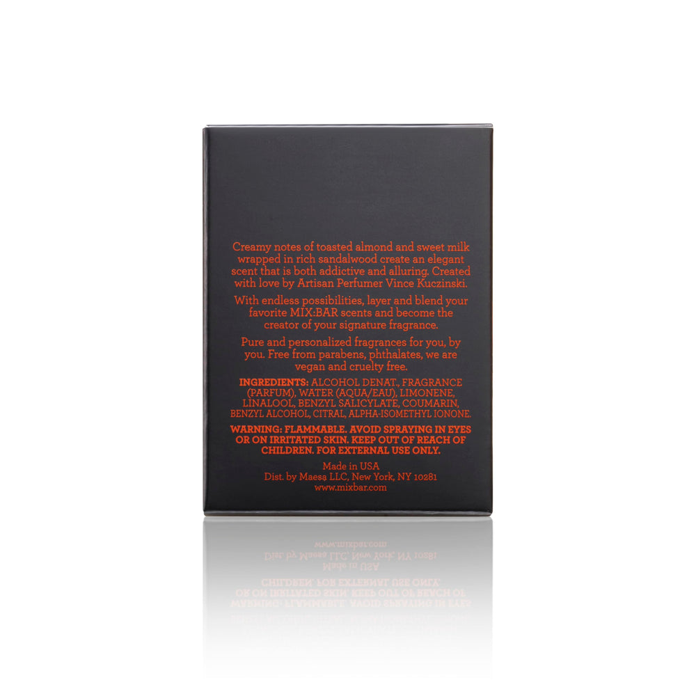 MIX:BAR Whipped Almond label closeup highlights sandalwood and milk richness for warmth.