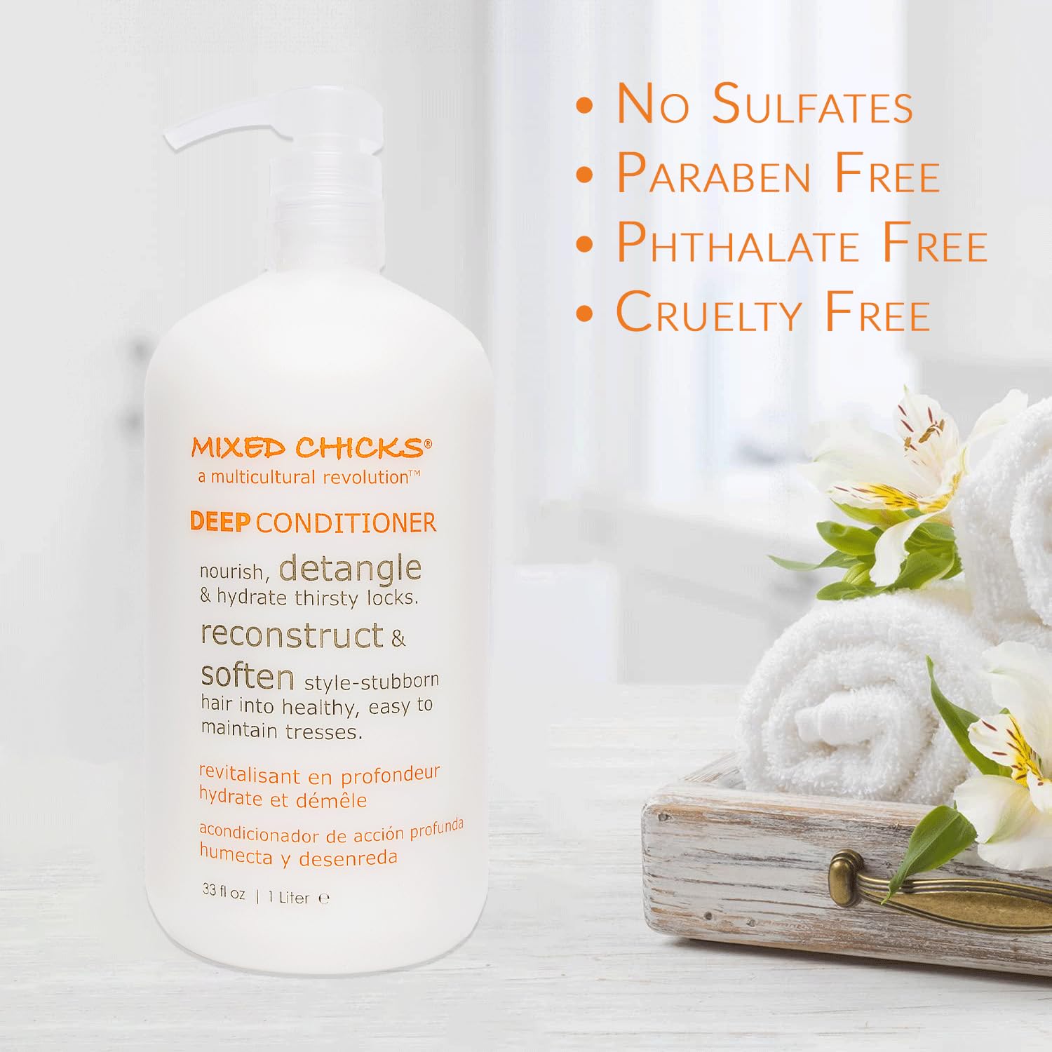 Mixed Chicks Detangling Deep Conditioner bottle pour demonstrates easy application.