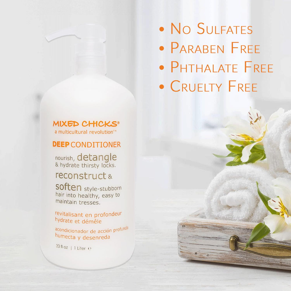 Mixed Chicks Detangling Deep Conditioner bottle pour demonstrates easy application.