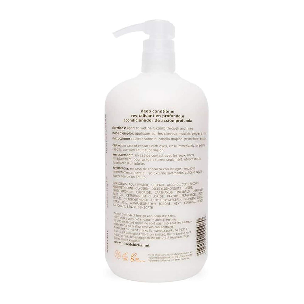 Mixed Chicks Detangling Deep Conditioner label close-up highlights safflower oil.