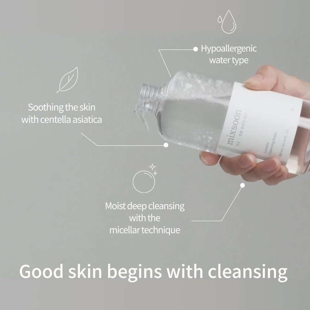 Mixsoon Centella Agua Limpiadora: aplicación suave que mantiene la hidratación diaria.