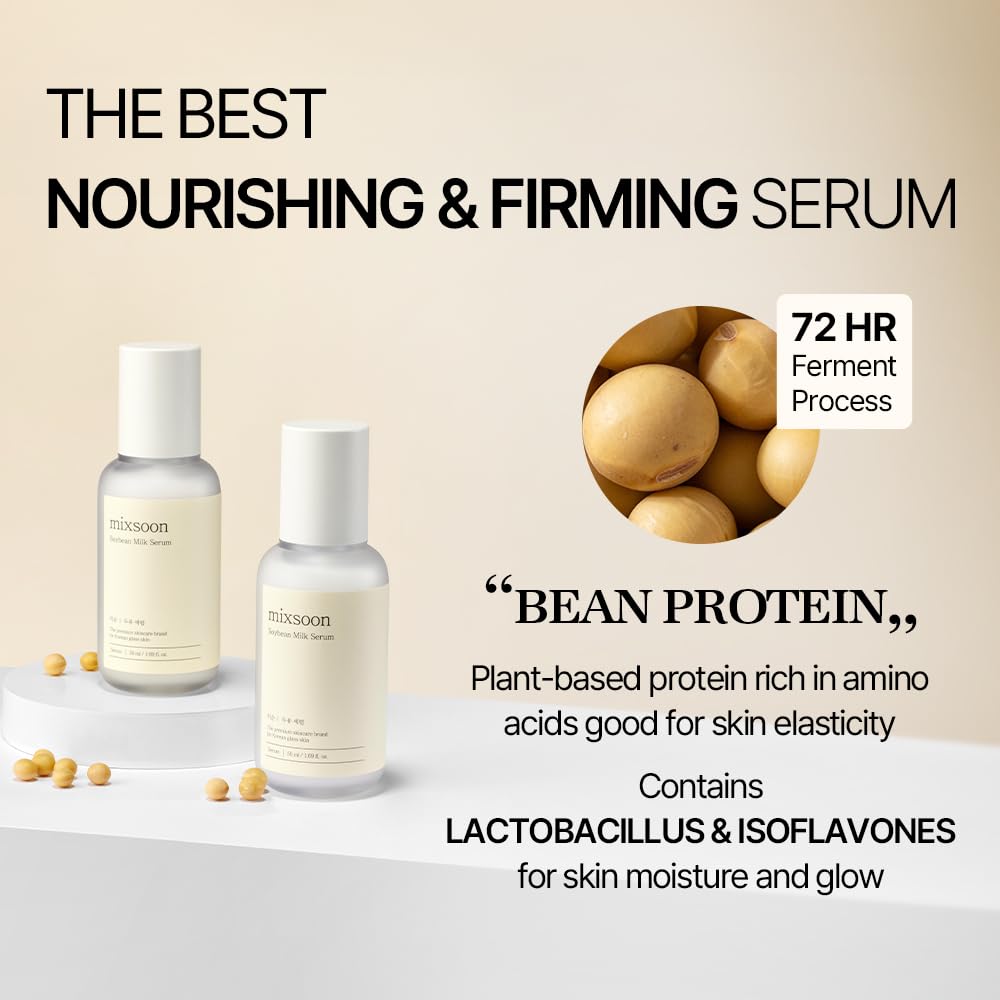 Mixsoon Serum Leche de Soja, PITERA en primer plano para una piel luminosa.
