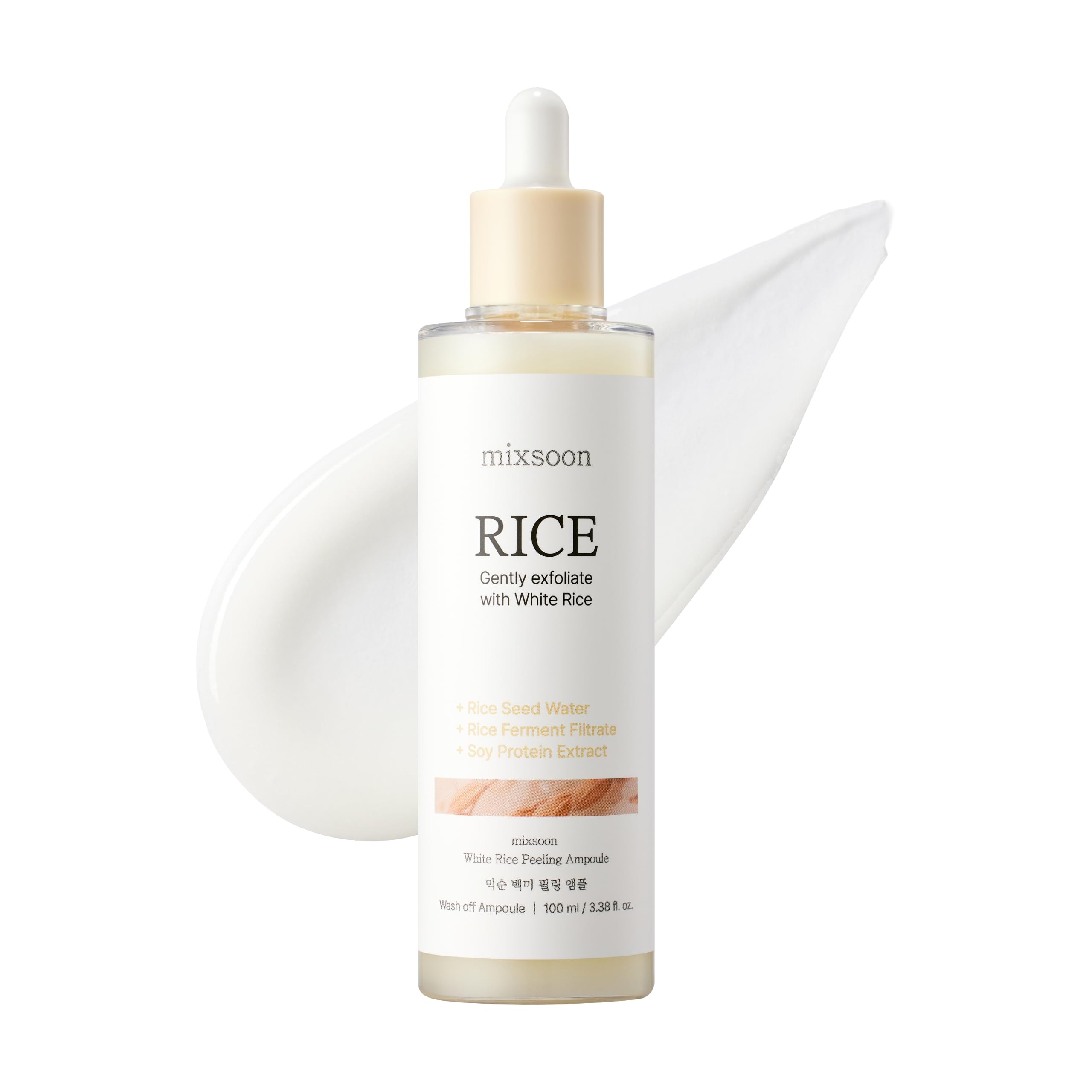 Mixsoon White Rice Peeling Ampoule bottle closeup for gentle exfoliation ready for daily use.