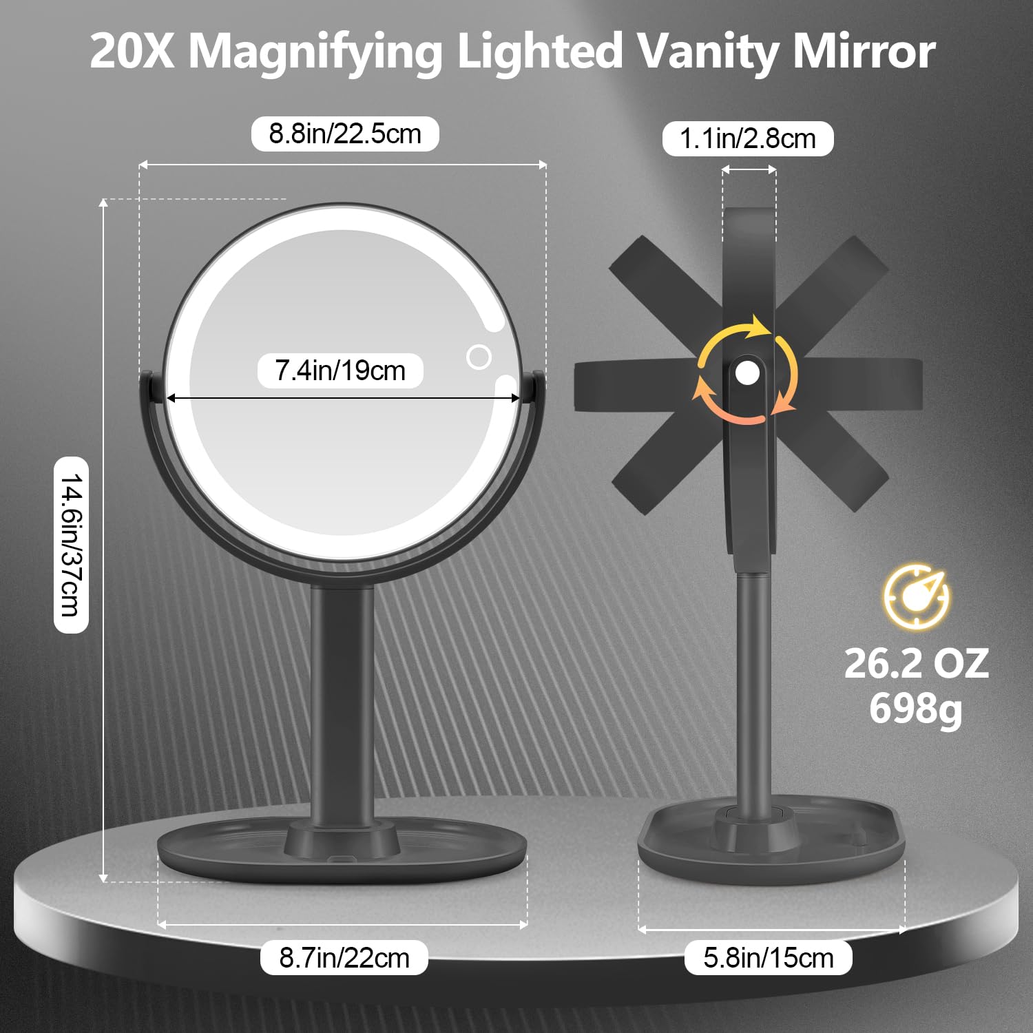MIYADIVA mirror powered by a 2000 mAh battery for cordless use