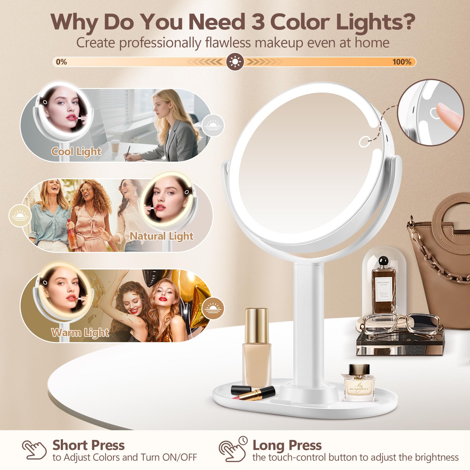 MIYADIVA dual-side mirror with 1x and 30x for everyday makeup and detailed skincare checks.