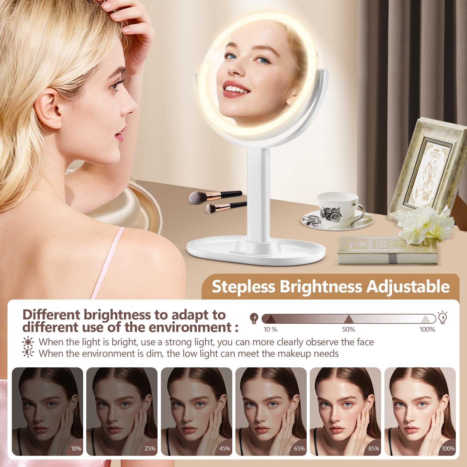 MIYADIVA lighted vanity with 80 LEDs and color modes for accurate color matching.