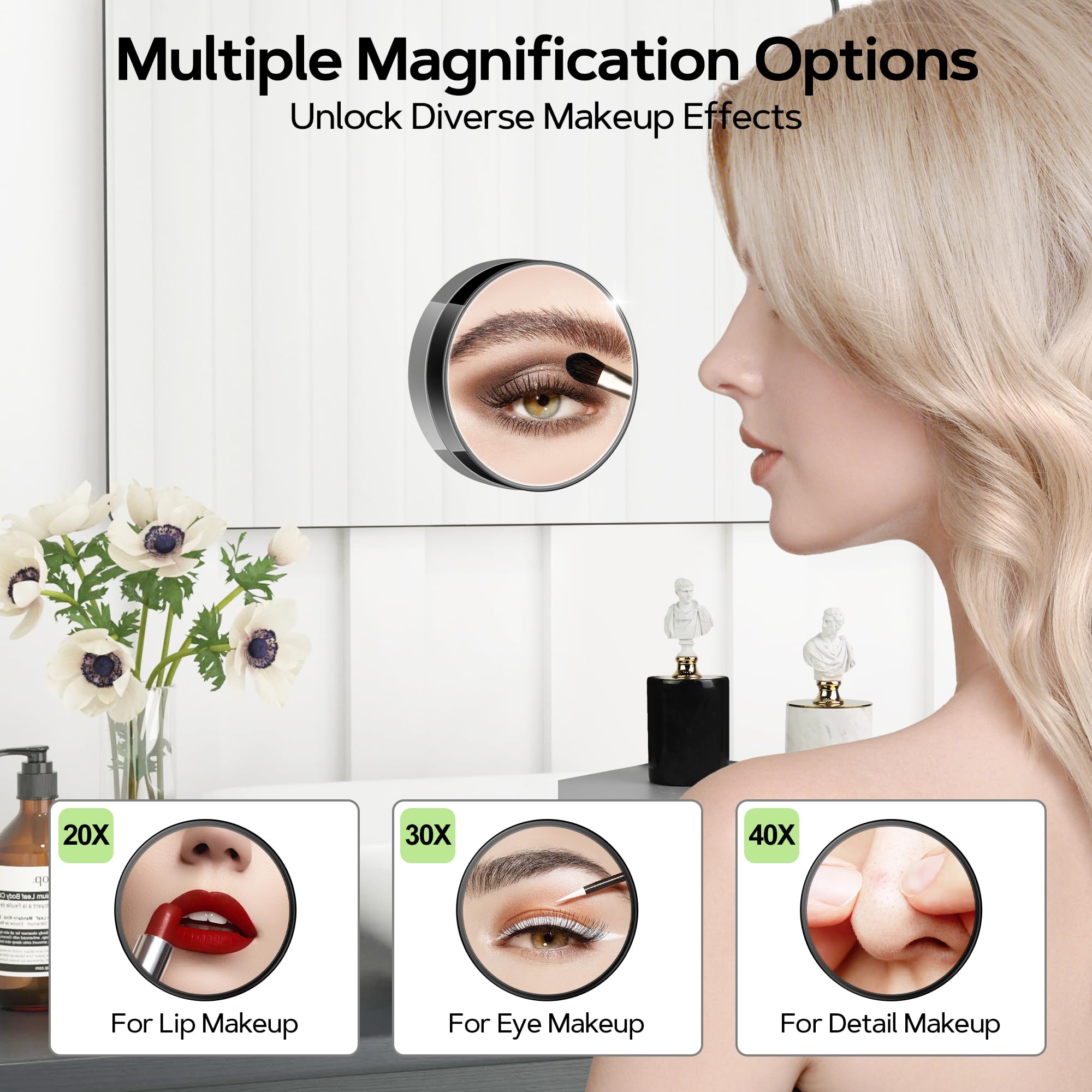 MIYADIVA magnifying mirror 20x detail for skin and lashes checks.