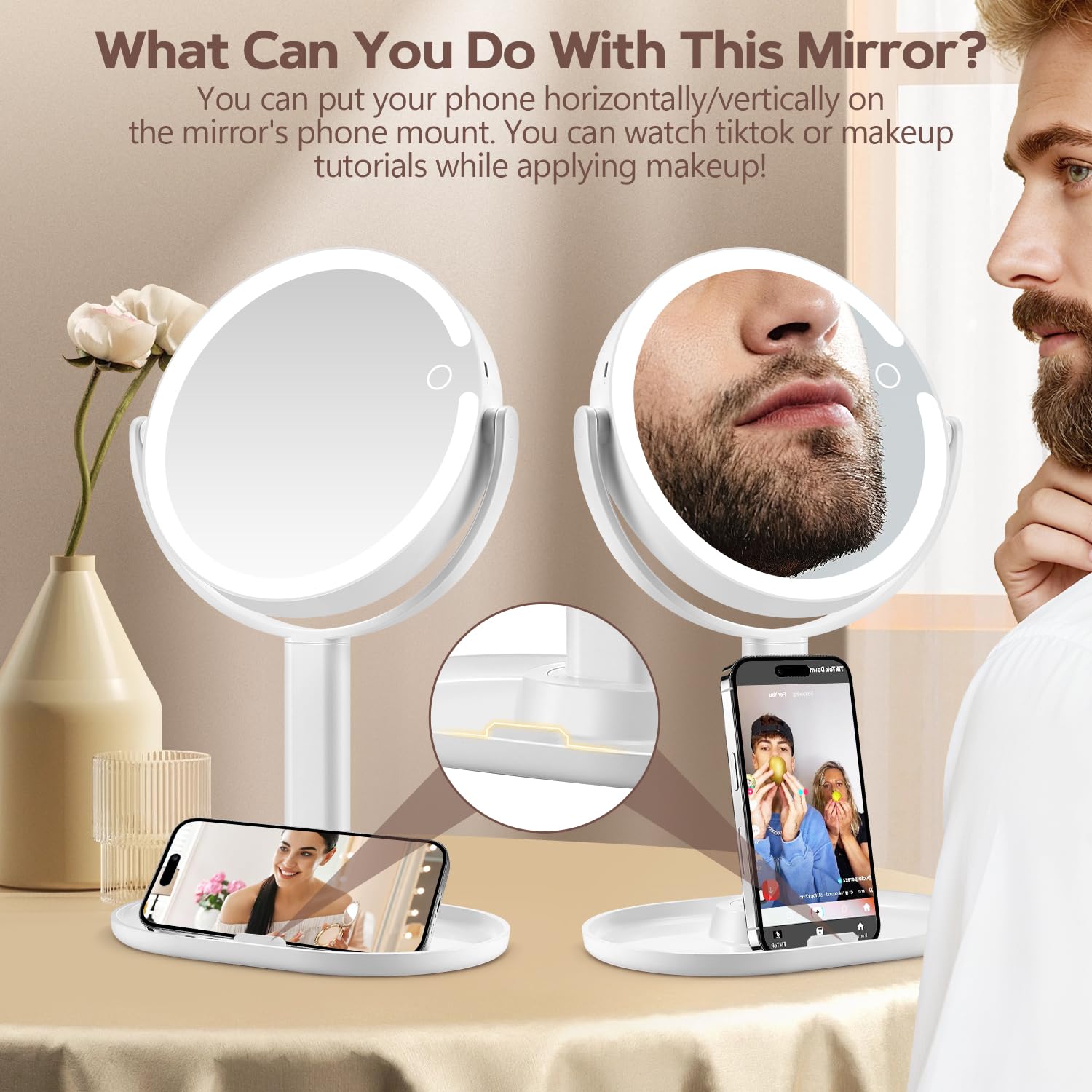 MIYADIVA mirror base doubles as a phone stand for tutorials and videos.