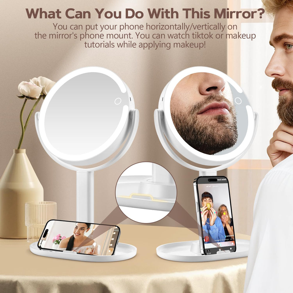 MIYADIVA mirror base doubles as a phone stand for tutorials and videos.