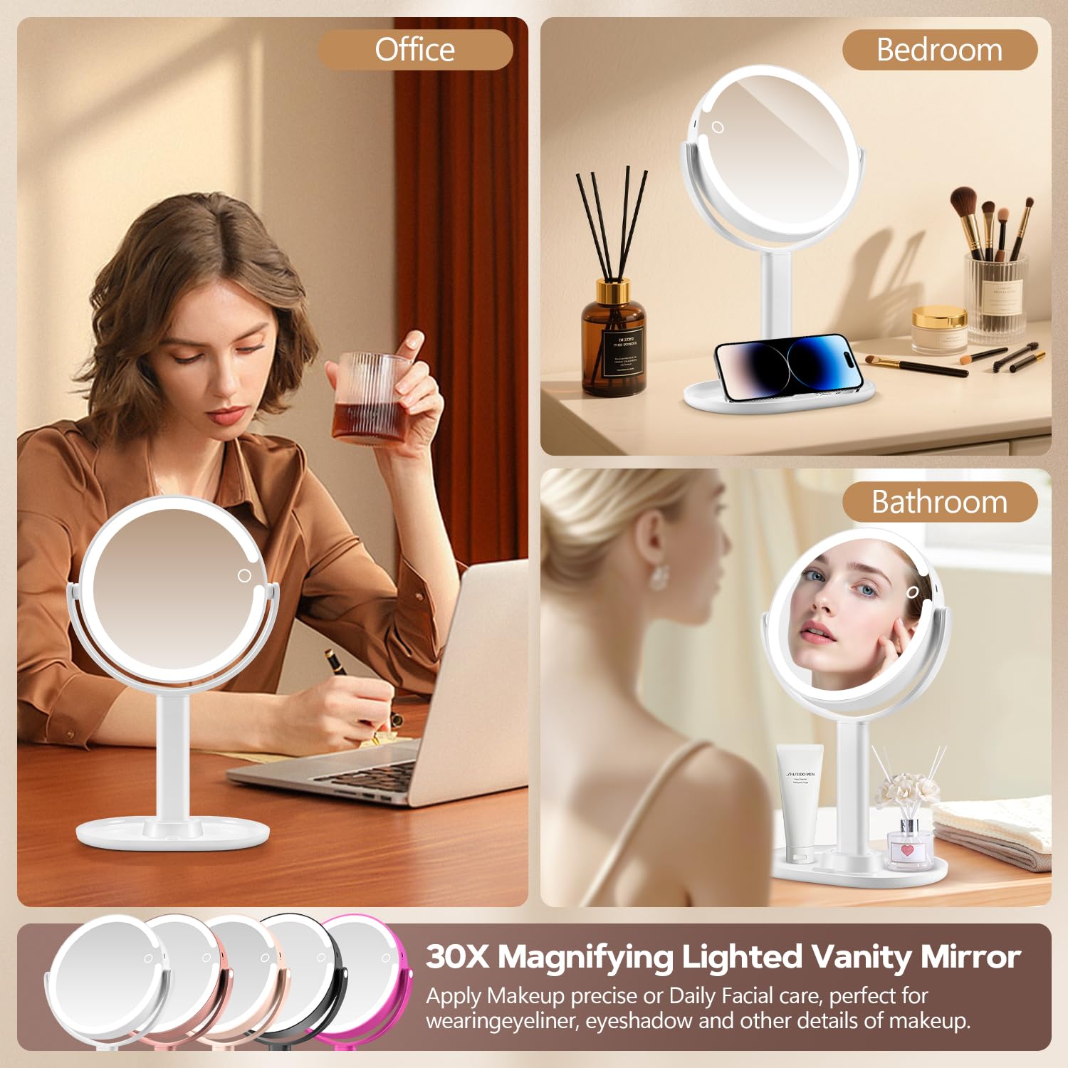 MIYADIVA mirror with 80 LEDs illuminating detailed skincare steps softly.