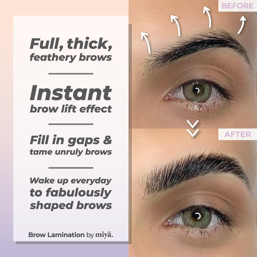 Close-up of MIYA LASH lifting lotion bottle with keratin formula