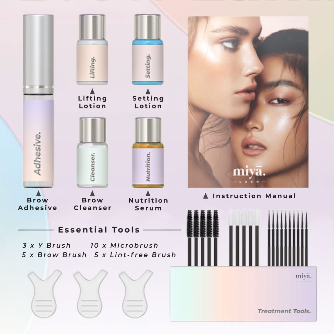 Close-up of MIYA LASH setting lotion bottle for durable brow hold