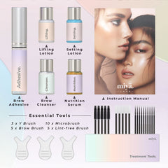 Close-up of MIYA LASH setting lotion bottle for durable brow hold