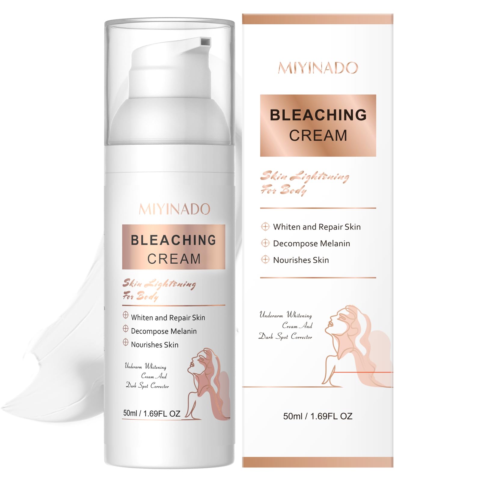 MIYINADO Crema Aclaradora, empaque elegante, para una piel más uniforme y radiante.