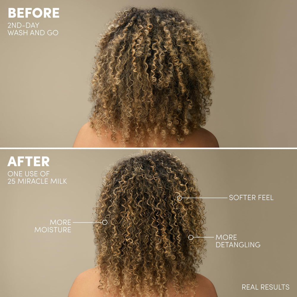 Mizani 25 Benefit Miracle Milk mist on hair delivering shine and smoother texture
