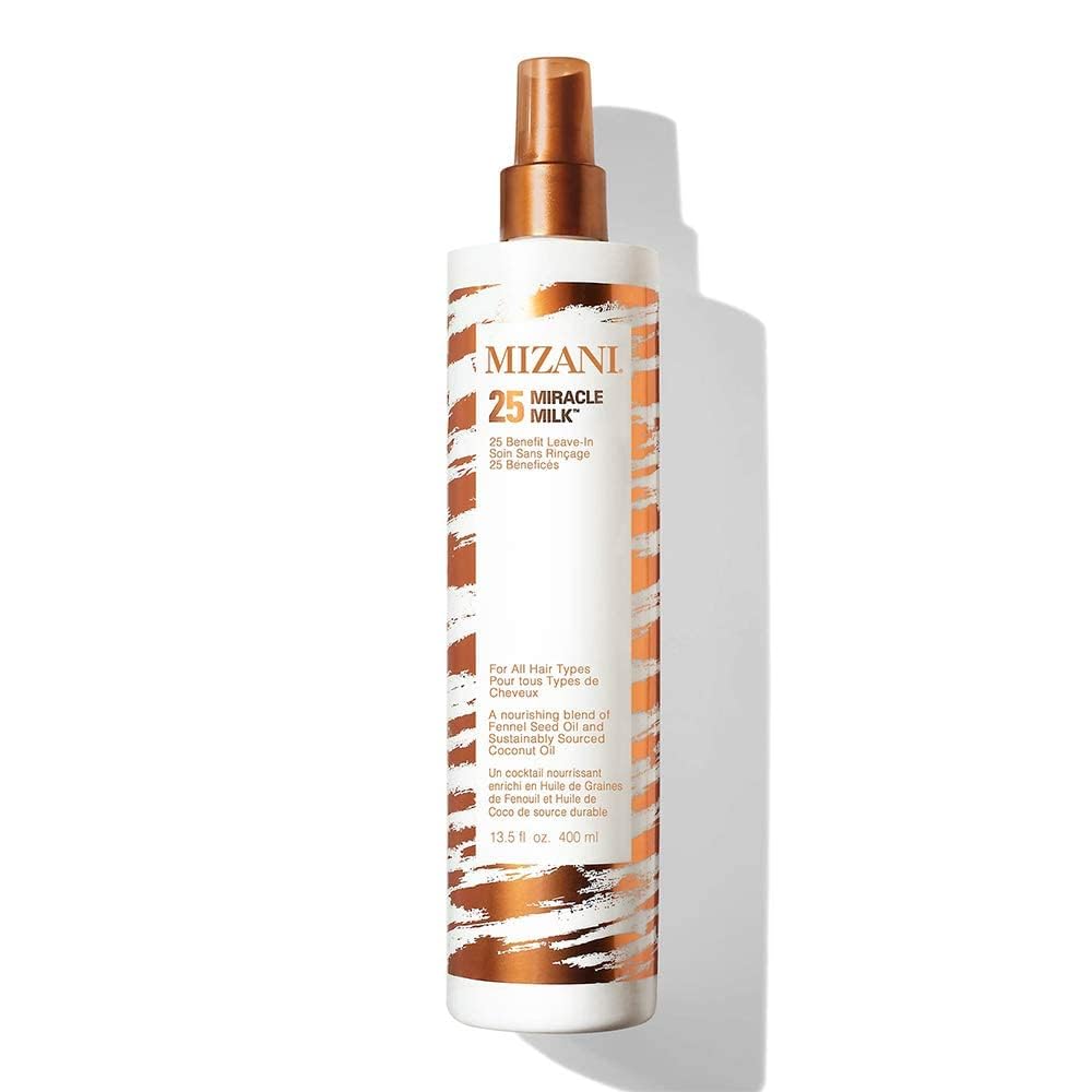 Mizani 25 Benefit Miracle Milk bottle close-up showing lightweight hydration for natural curls