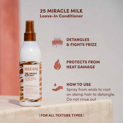 Mizani 25 Benefit Miracle Milk spray denoting detangling support for curls