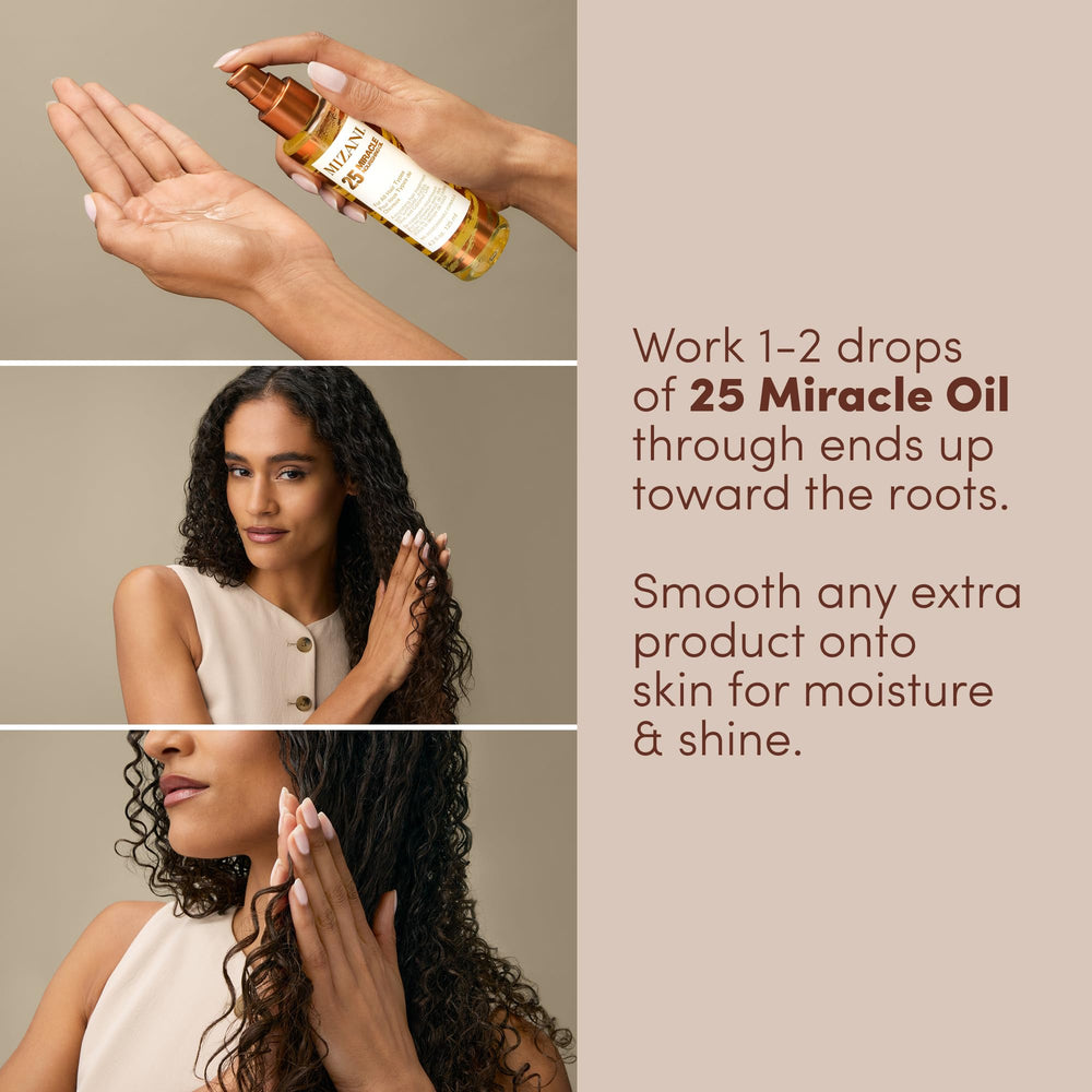 Mizani 25 Miracle oil helps control frizz for a polished finish.