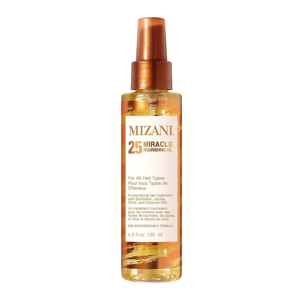 Mizani 25 Miracle Nourishing Hair Oil bottle delivering lightweight shine for curly hair.