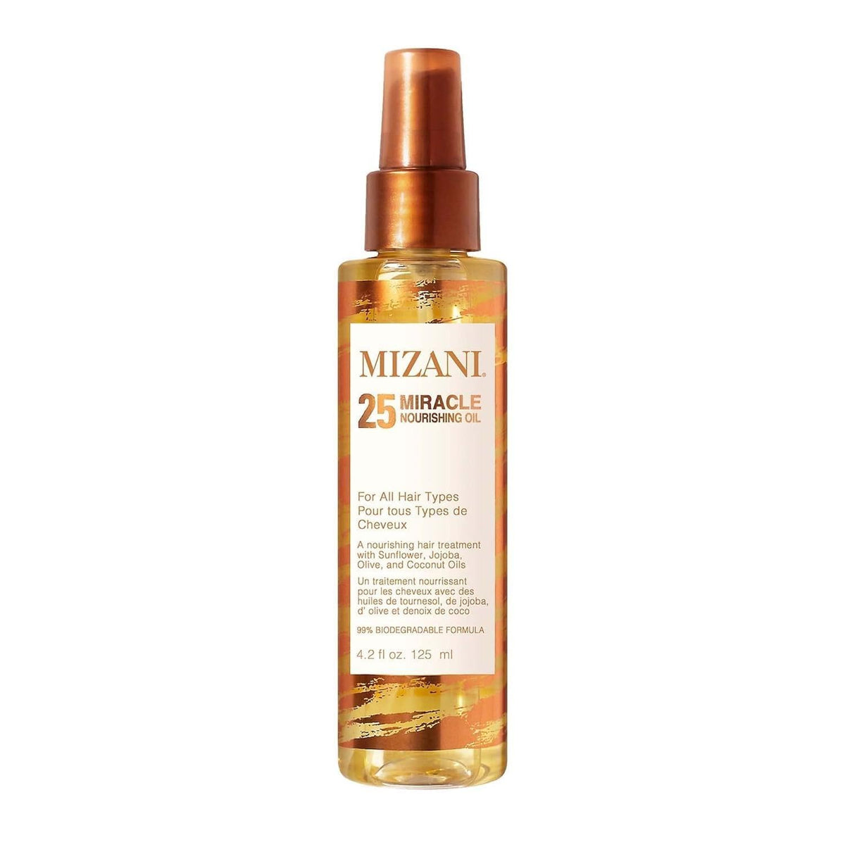Mizani 25 Miracle Nourishing Hair Oil bottle delivering lightweight shine for curly hair.