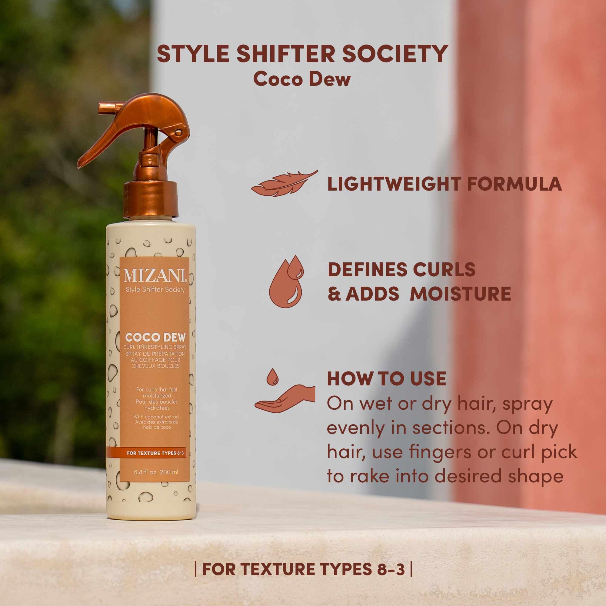 Mizani Coco Dew Curl Restyling Spray bottle demonstrates anti frizz control